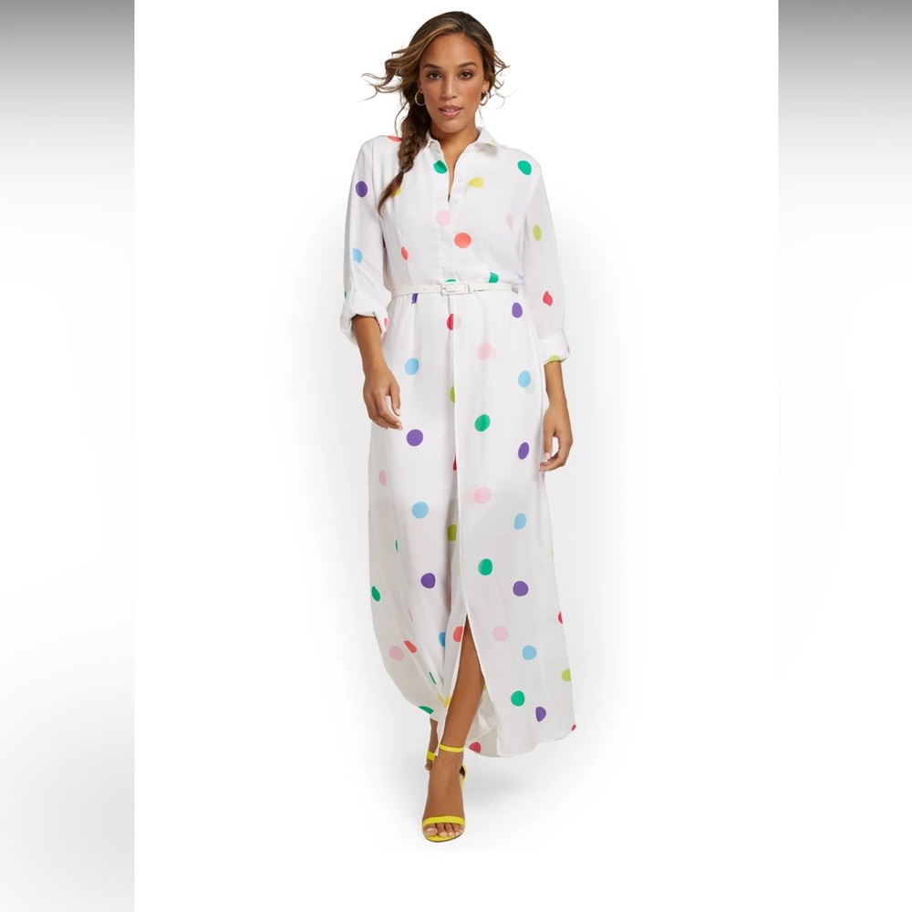 NWT New York and Co colorful polka dot maxi dress size L.